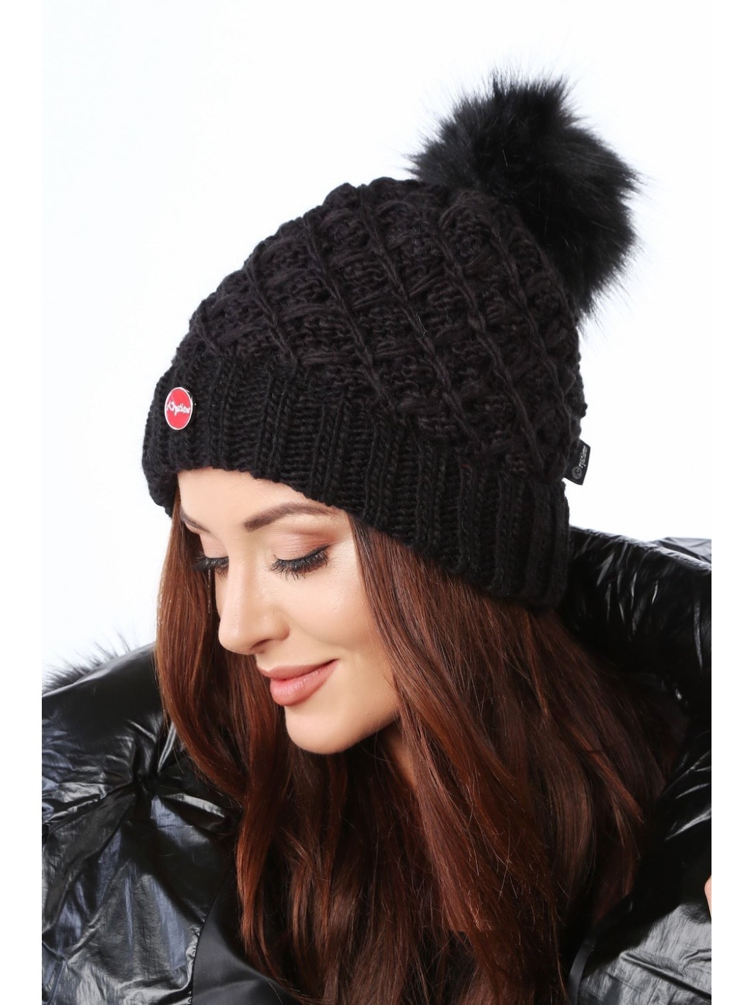 Warm winter hat with a pompom, black C37 - Online store - Boutique